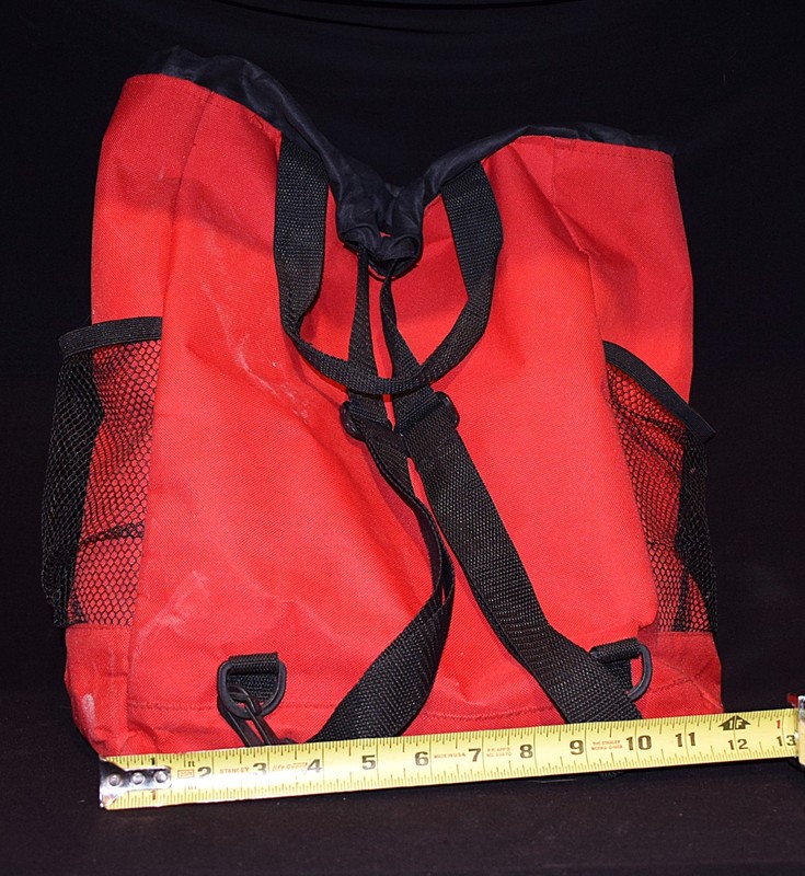AARP Red Canvas Backpack Drawstring Bag Mesh Side Pockets 15" tall x 17" wide gallery