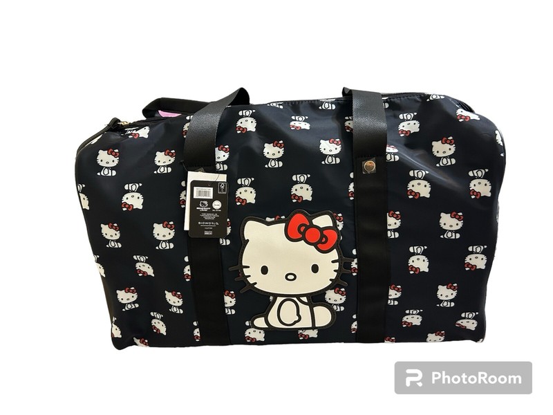 Hello Kitty All Over Black Print Duffle Travel Bag adjustable Shoulder Strap NWT
