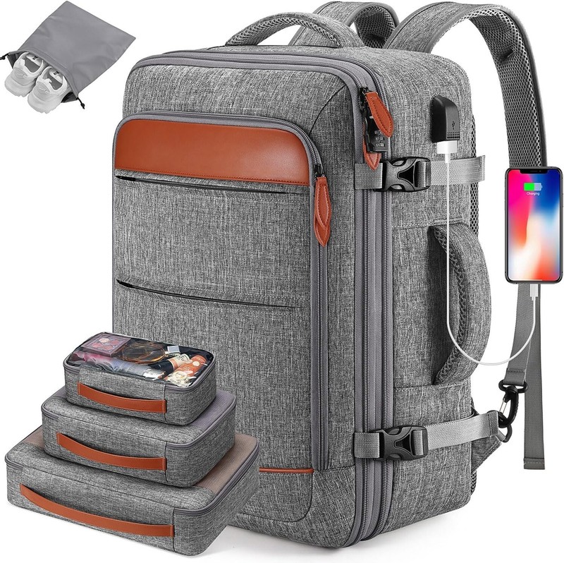 TRAVEL BACKPACK with Packing Cubes Grey Brown 42L