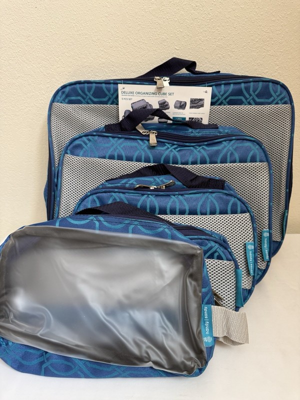 Handy Sandy Grab & Go Packing Cubes 5 PC Set “Navy Loops” Geometric Design