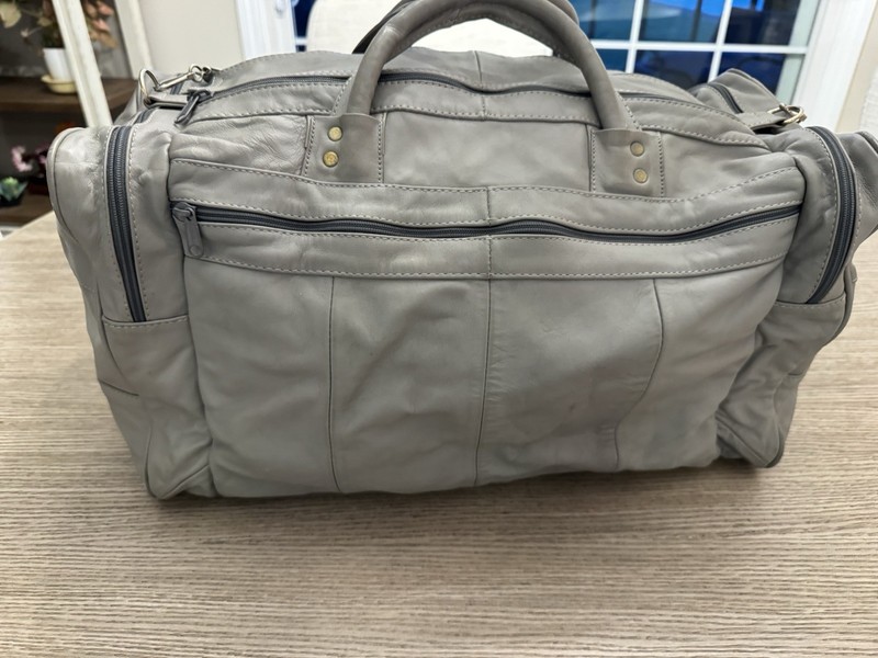 Vintage Gray Leather Duffle Bag Overhead Travel 21” Ideal zip Patchwork Inside gallery