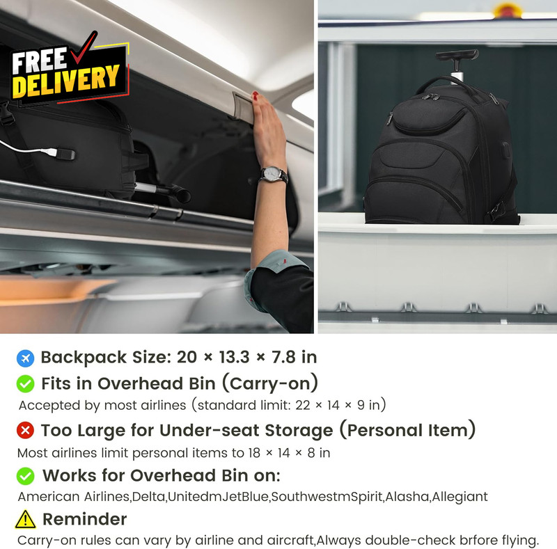 Rolling Backpack 17 Inch Water Resistant Wheeled Backpack Carry on Luggage Bus.. gallery