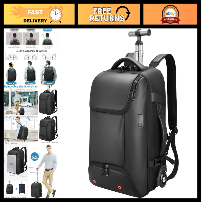 Water-Resistant Rolling Backpack with Wheels, USB-C Ports, Anti-Theft Travel Bag