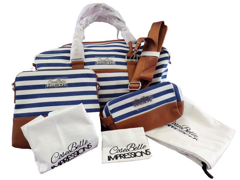 Travel Bag 3pc Set Weekender Striped Canvas Shoe Compartment Toiletry Cose Belle