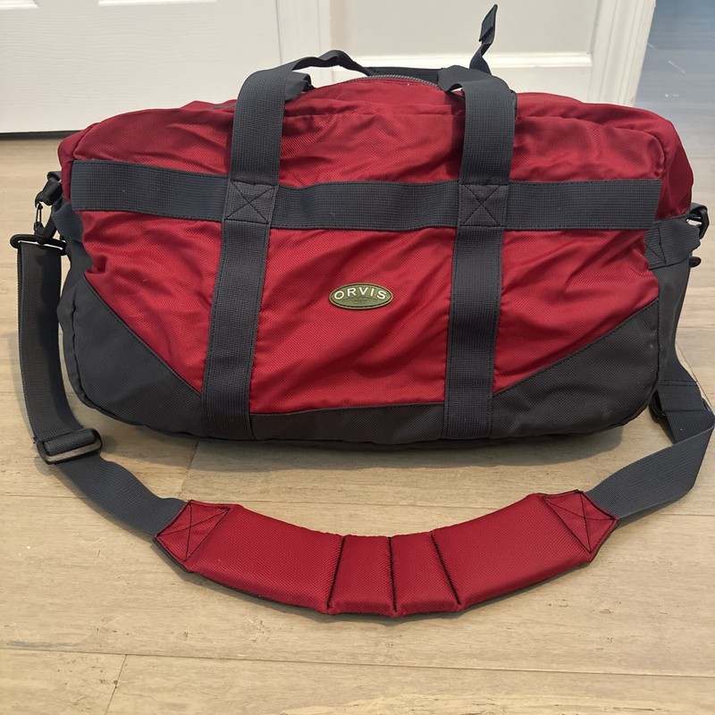 Orvis Red And Grey Nylon Duffle Weekend Travel Carry on Bag Shoulder Strap