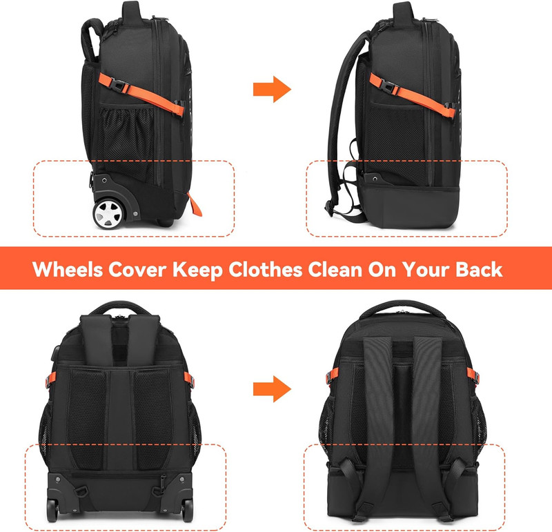 Rolling Backpack, 18 Inch Laptop Travel Backpack with Wheels for Men Women, Roll gallery