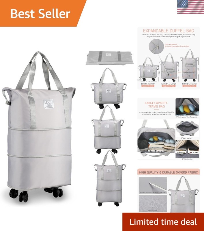 Expandable Rolling Duffle Bag - 58L Spacious Grey Carry-On Luggage with Wheels