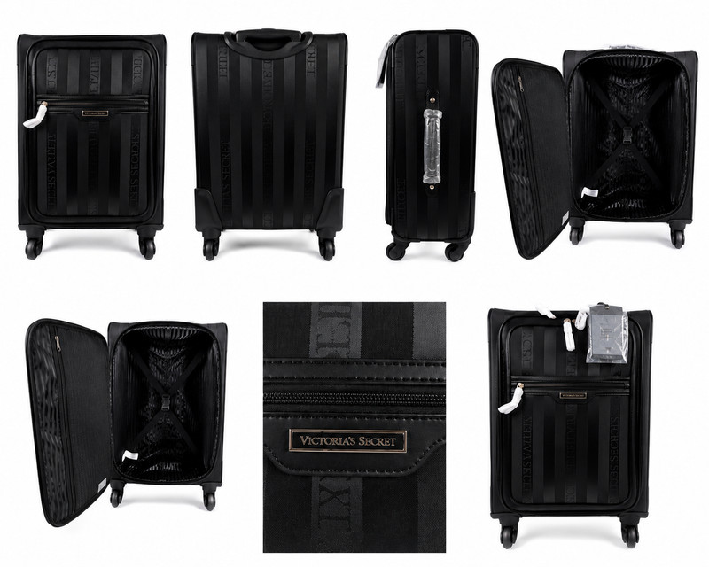 Victoria’s Secret Black Stripe Spinner Carry On Suitcase Logo Luggage NWT
