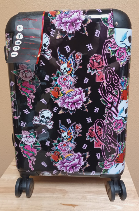 Ed Hardy 21″ Expandable Carryon Spinner Suitcase Black w/Skull Butterflies&Roses