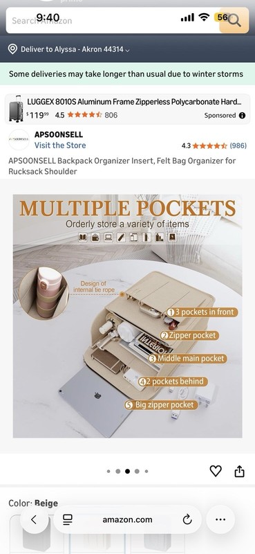 felt backpack organizer insert, beige, size XL, 14.3”tall, 10.6” wide, 5.1” deep gallery