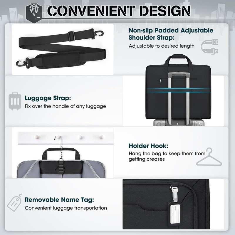 bag & Shoulder Strap, Waterproof Foldable Suit Luggage Bag for Men Women, Black gallery