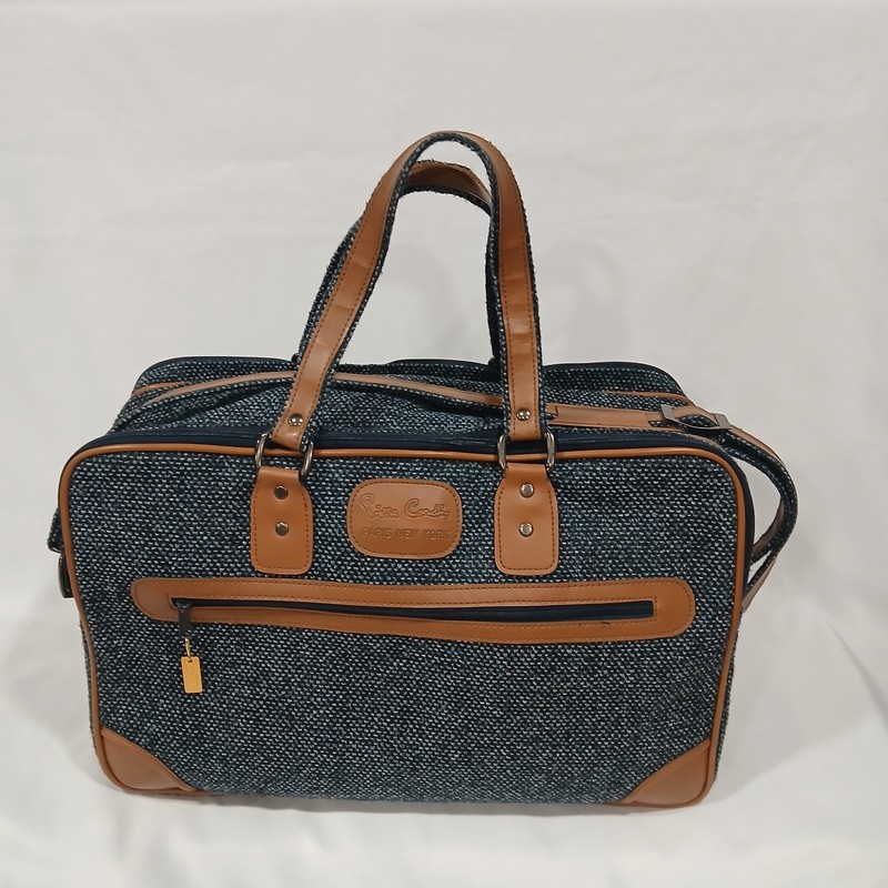 Vintage Pierre Cardin Tweed Weekender Duffel Travel Bag Blue Tan Leather Trim