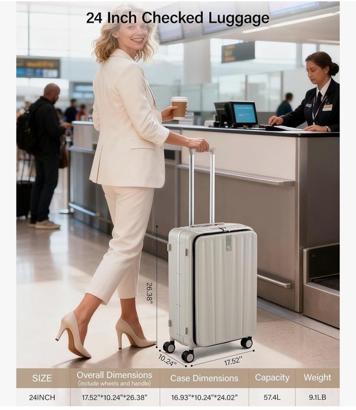 Hanke Lightweight Front Opening Checked-Medium 24” Luggage Ivory White New gallery