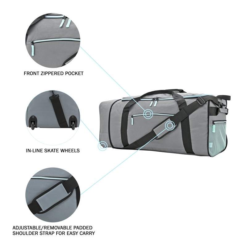 Protege 32 in Large Compactible Rolling Duffel Bag for Travel, Gray,Polyester gallery