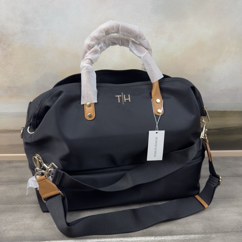 Mark & Graham Terminal 1 Expandable Travel Tote Bag Black Monogrammed “TH” NWOT