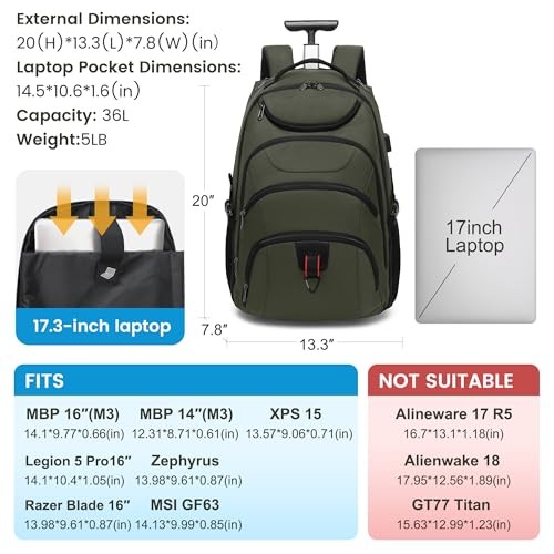 Boavan Rolling Backpack,17 inch Water Resistant Wheeled 17.3 Green gallery