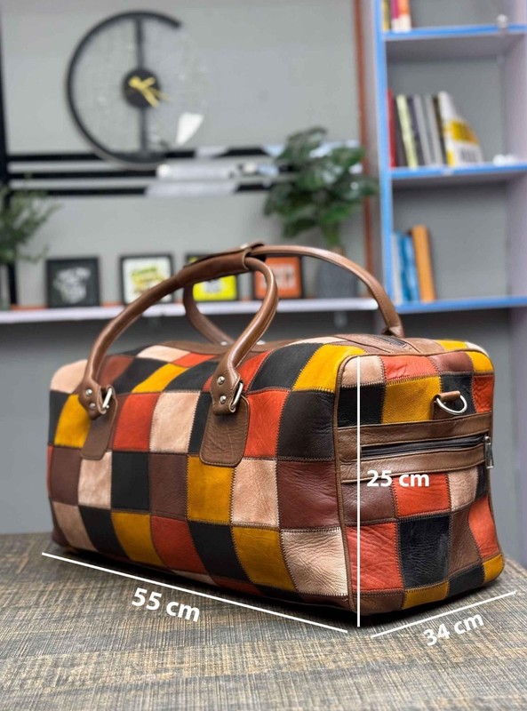 Unique Genuine Leather Patchwork Duffle Bag Vintage Style Travel Weekender Bag gallery