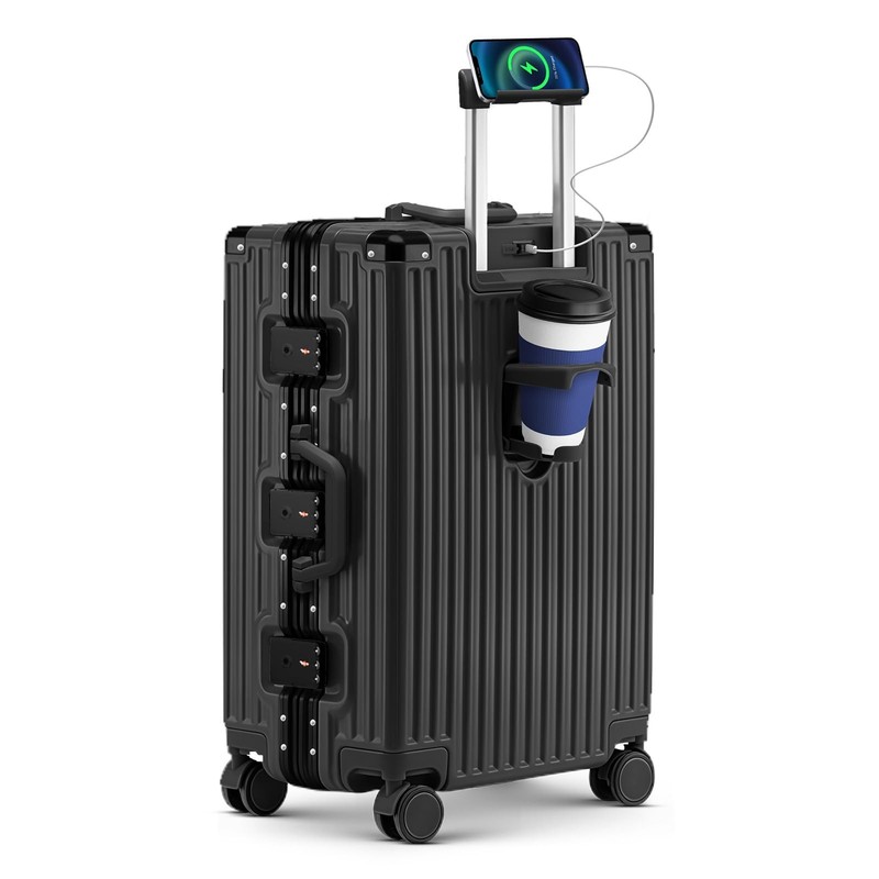 20 Inch Aluminum Frame Zipperless Carry-On: TSA Lock, USB, Cup & Phone Holder