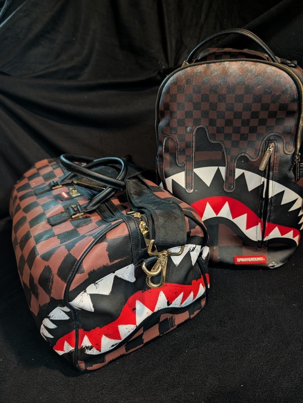 Sprayground Sharks In Paris Checkered Shark Mouth Backpack & Duffle Bag Set-RARE