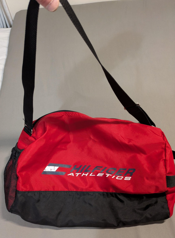 Vintage Hilfiger Athletics Duffel Bag Red Nylon Shoulder Strap Gym Travel Sports