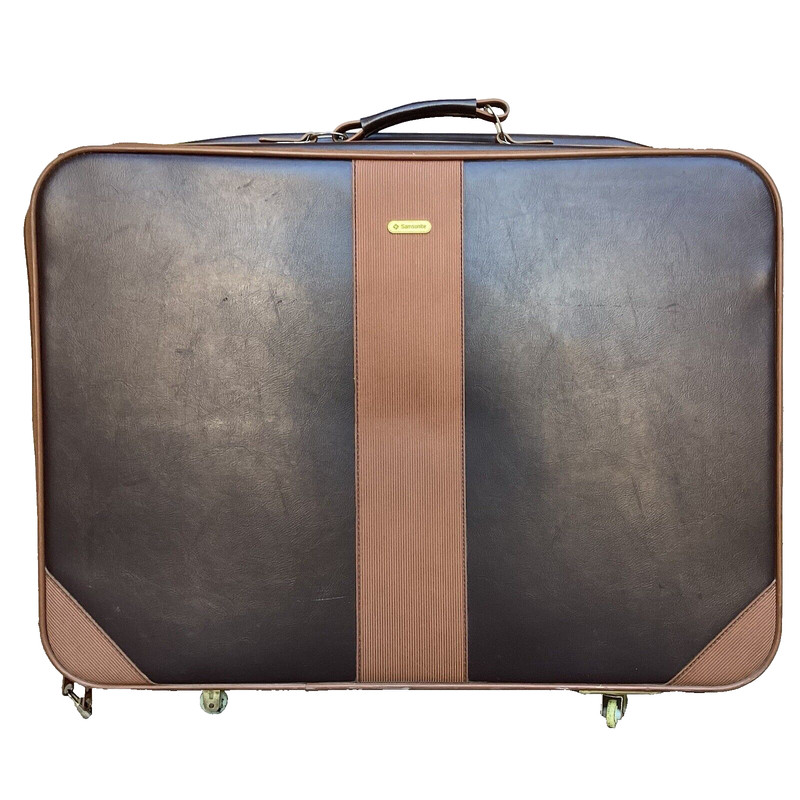 Samsonite Soft-Shell Brown Leather Wheeled Suitcase – Vintage – Carry Handle