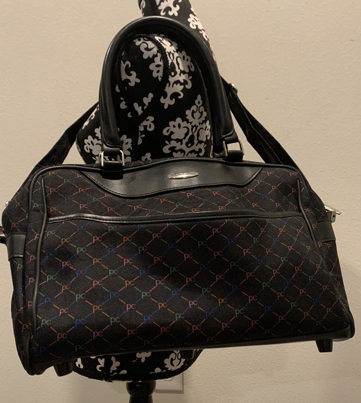 Pierre Cardin Color Monogram Black Faux Leather Straps Fabric Weekend/Travel Bag