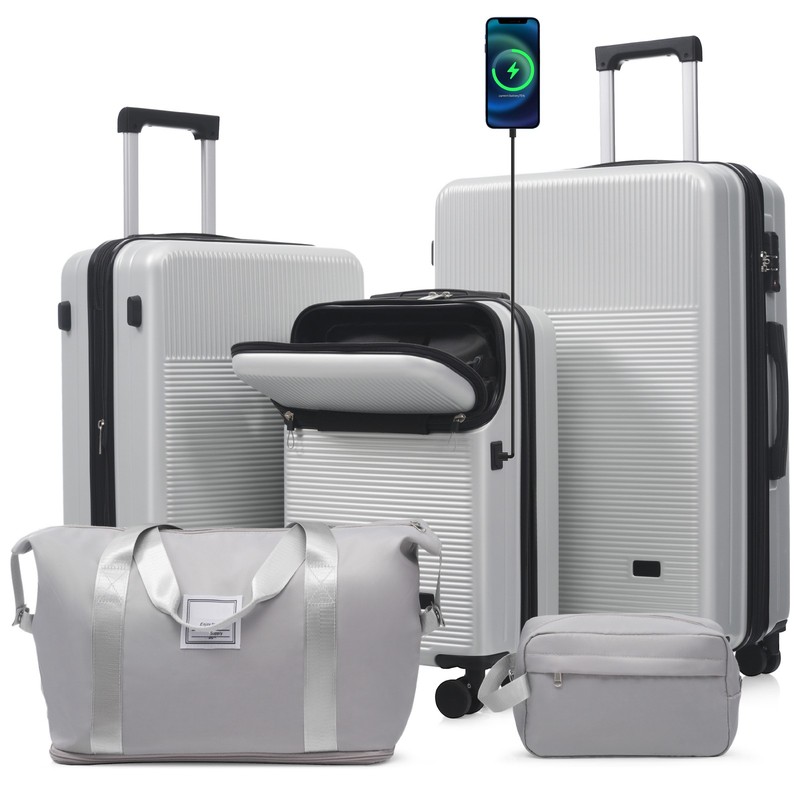 5P ABS 20″ 24″ 28″ Expandable Hardshell Luggage Set USB Port Duffel Toiletry Bag