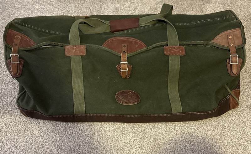 Orvis Battenkill Canvas Duffle Bag Green Leather 30″ Made In USA Vintage 80’s