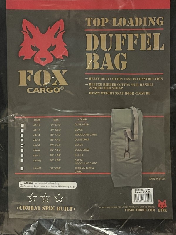 Fox Outdoor / Cargo Top Loading Duffel Bag 25” x 42” - Black - NWT - gallery