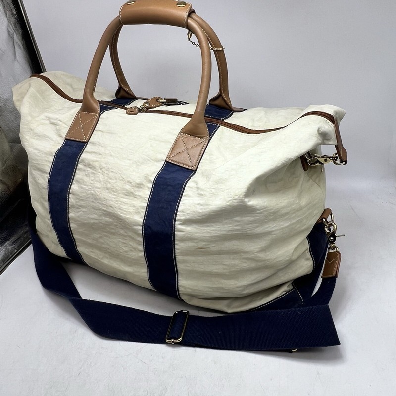 J McLaughlin Duffle Bag Large Weekender Cape Cod White Blue Tan Leather Nylon gallery