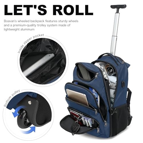 Boavan Rolling Backpack,17 inch Water Resistant Wheeled 17.3 Navy gallery