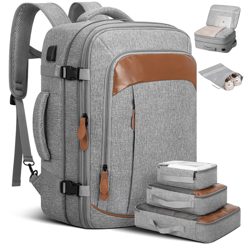 Carry on Backpack, 45L Expandable Large Travel Backpack with 3 Packing Cubes & S
