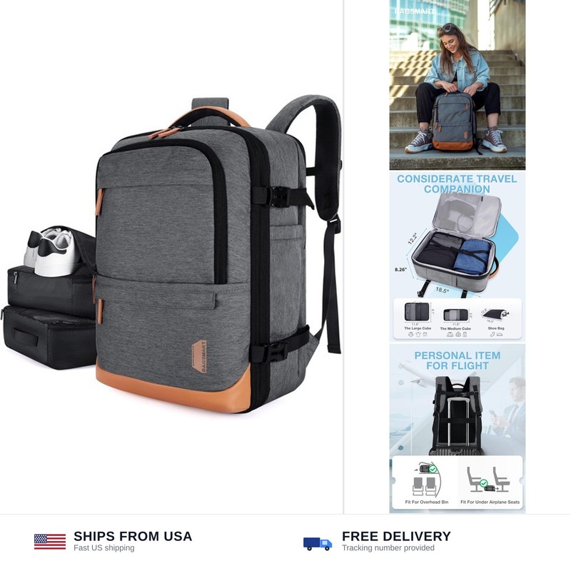 BAGSMART 37L Compression Travel Backpack, Expandable Carry On Backpack with P…