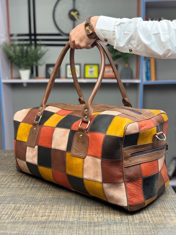 Unique Genuine Leather Patchwork Duffle Bag Vintage Style Travel Weekender Bag gallery