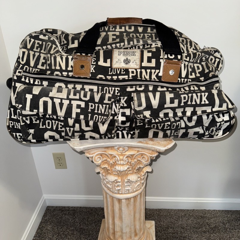 Victoria’s Secret PINK Rolling Graffiti Luggage Duffle Bag Black White Logo 29” gallery