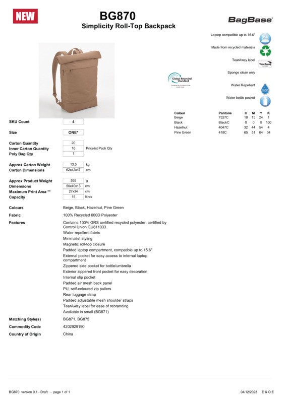 Bagbase Simplicity roll-top backpack gallery
