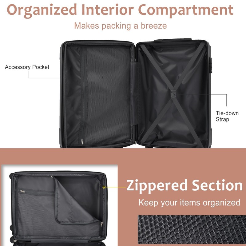 3pc Expandable ABS Hard Shell Spinner Luggage Set w/ TSA Locks, Black Brown gallery