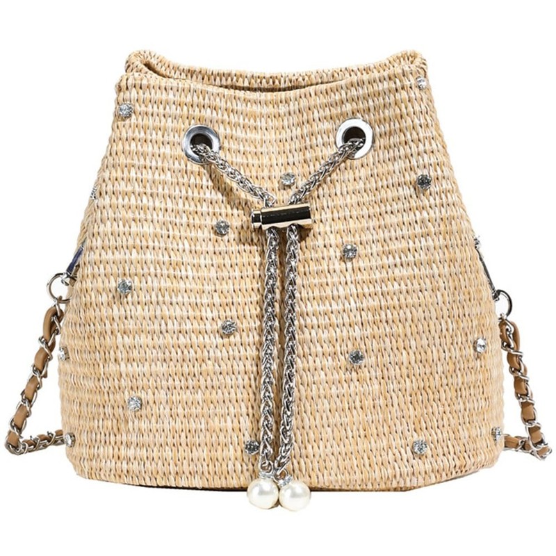 Pearl Straw Bucket Purse for Women Summer Vacation Crossbody Purses Beach Bag…