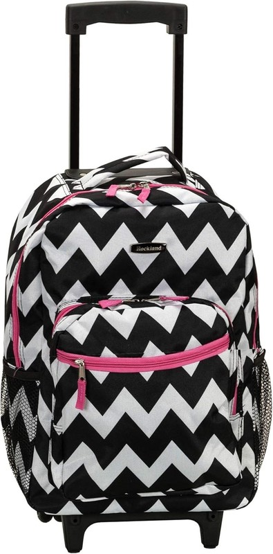 17 Inch Pink Chevron Rolling Backpack with Pockets and Telescopic Handle