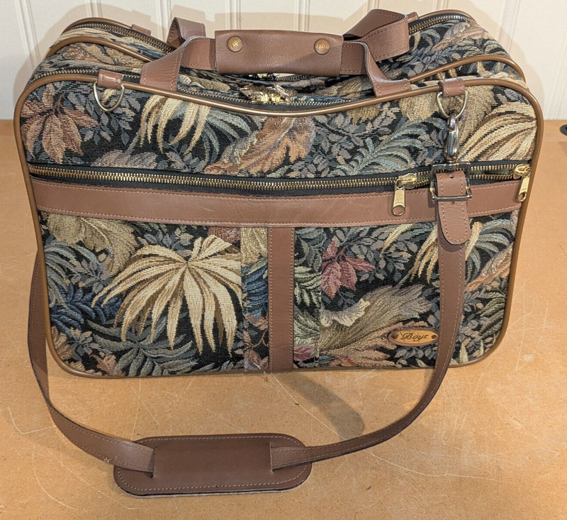 VTG Boyt Floral Tapestry Cloth & Leather Carry-On Weekender Luggage Shoulder Bag