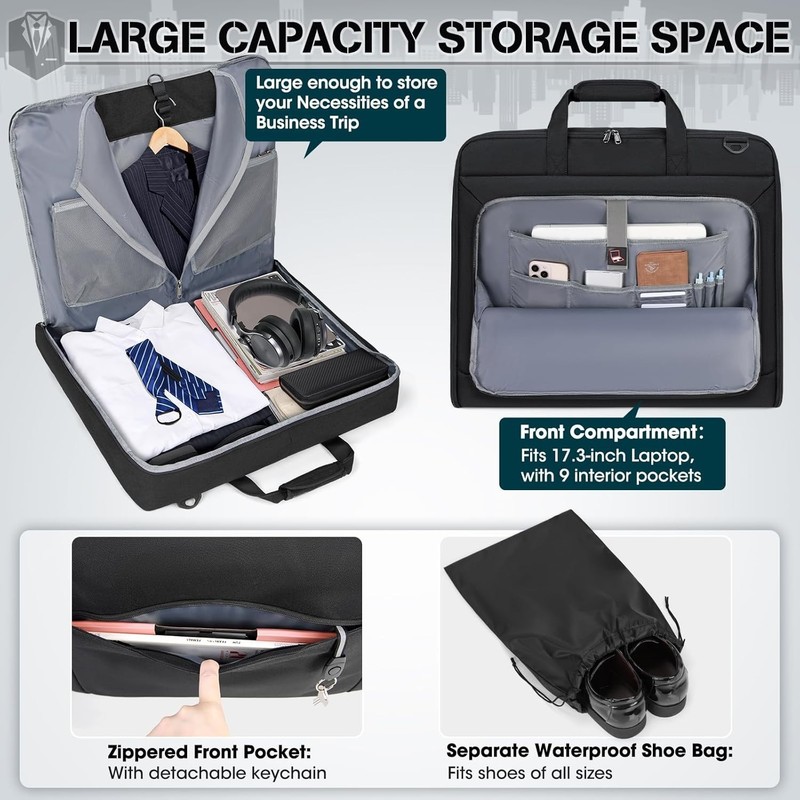 bag & Shoulder Strap, Waterproof Foldable Suit Luggage Bag for Men Women, Black gallery