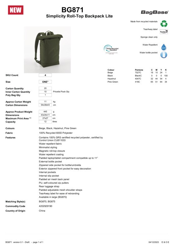 Bagbase Simplicity roll-top backpack lite gallery