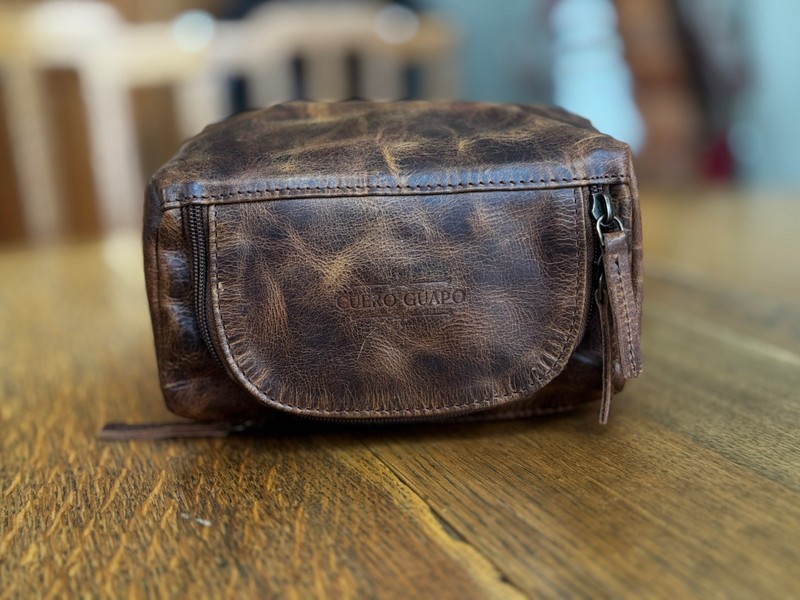 Full Grain Distressed Leather Kit Shaving Toiletry Travel Bag Dark Brown
