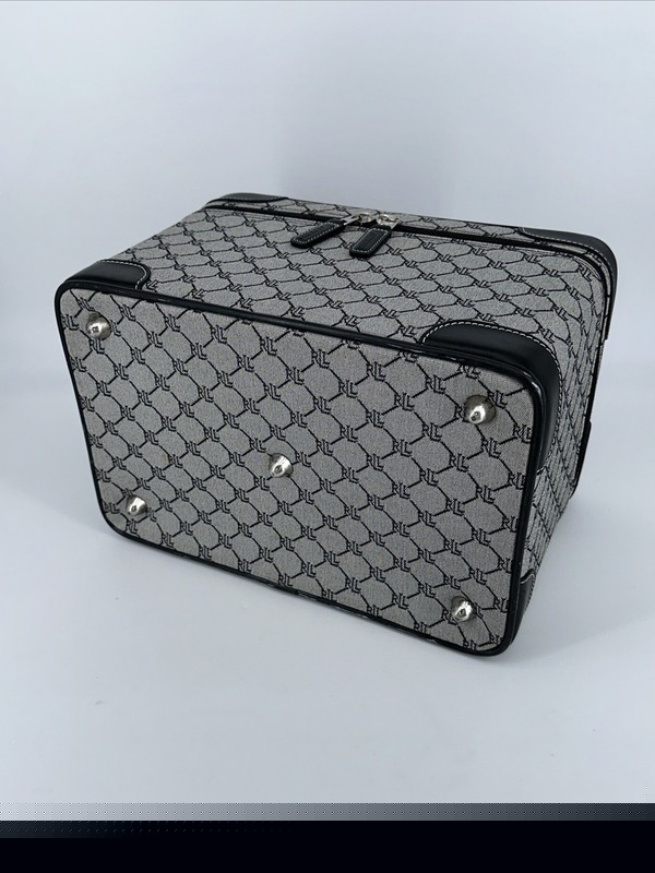Ralph Lauren Signature Monogramed Gray Black Leather Trim Cosmetic Case gallery
