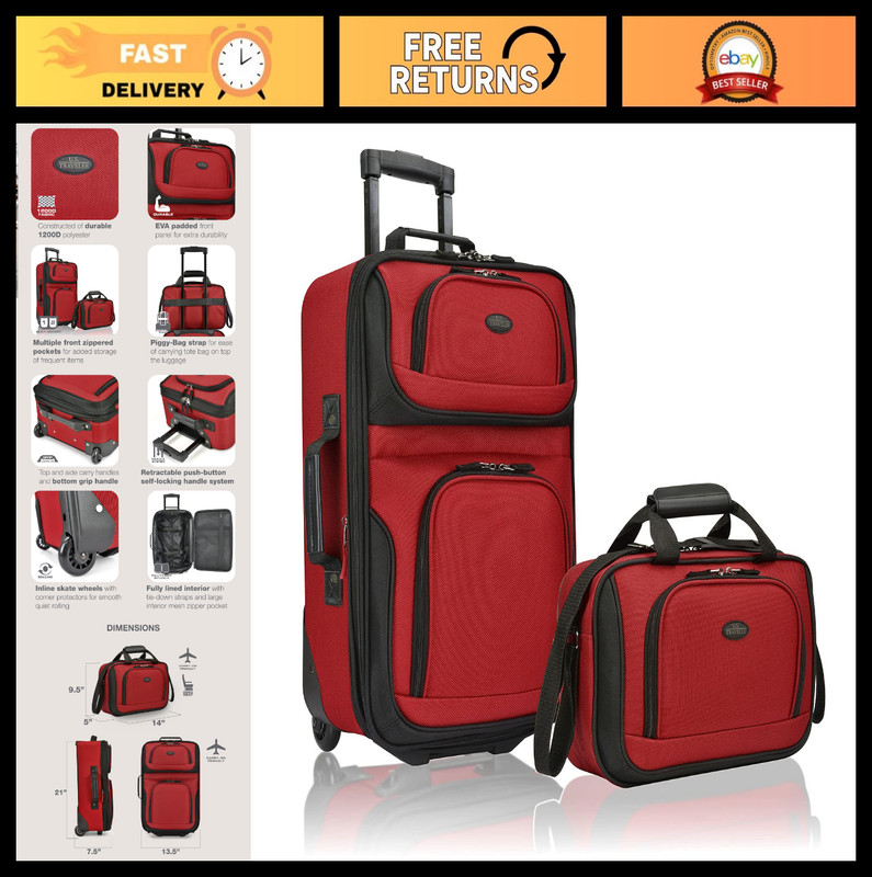 Lightweight Softside Rolling Carry-on Suitcase Set, 2-Wheel Travel Luggage, Red