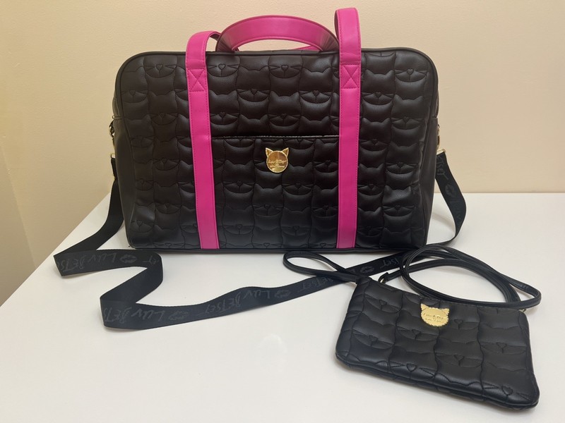 Betsey Johnson Cat Weekender Bag Set Black with Pink Travel Bag & Crossbody Bag