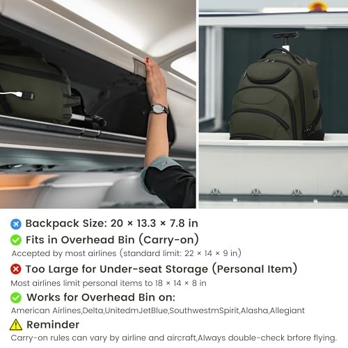 Boavan Rolling Backpack,17 inch Water Resistant Wheeled 17.3 Green gallery