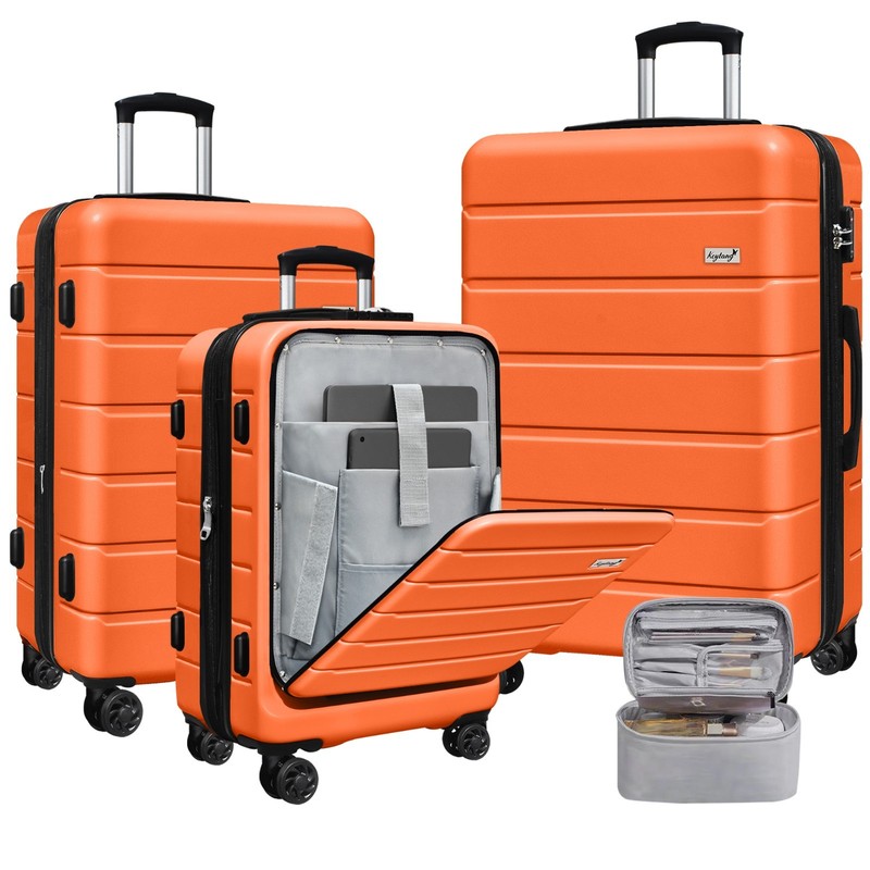 Keytang SmileLine Lightweight Hardside Luggage 3PC Set,Bonus Makeup Bag,Orange
