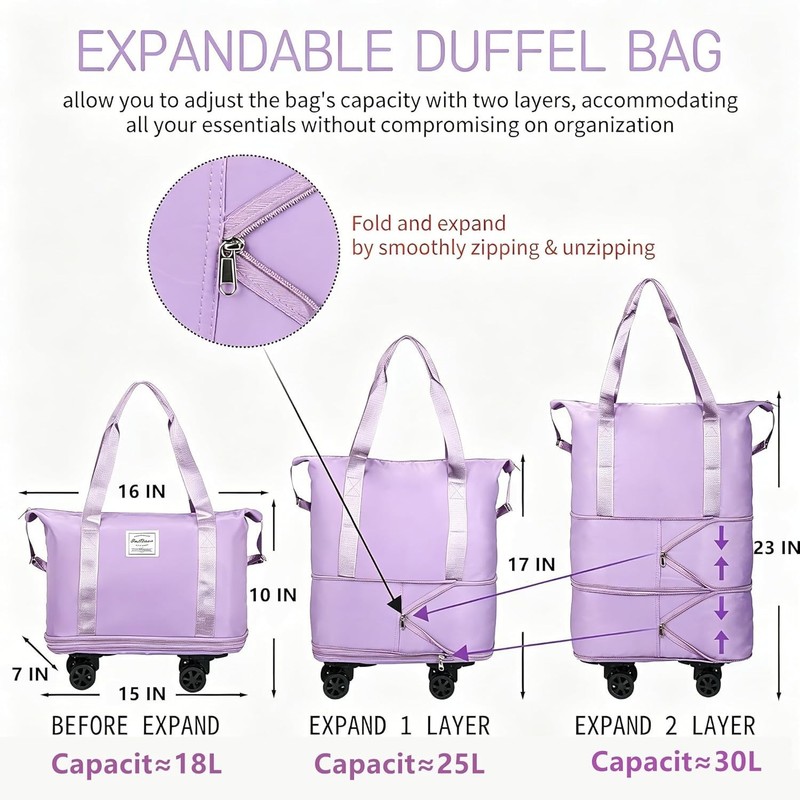 Travel-Ready Large Rolling Duffle Bag with Water-Repellent Oxford Cloth - 58L gallery