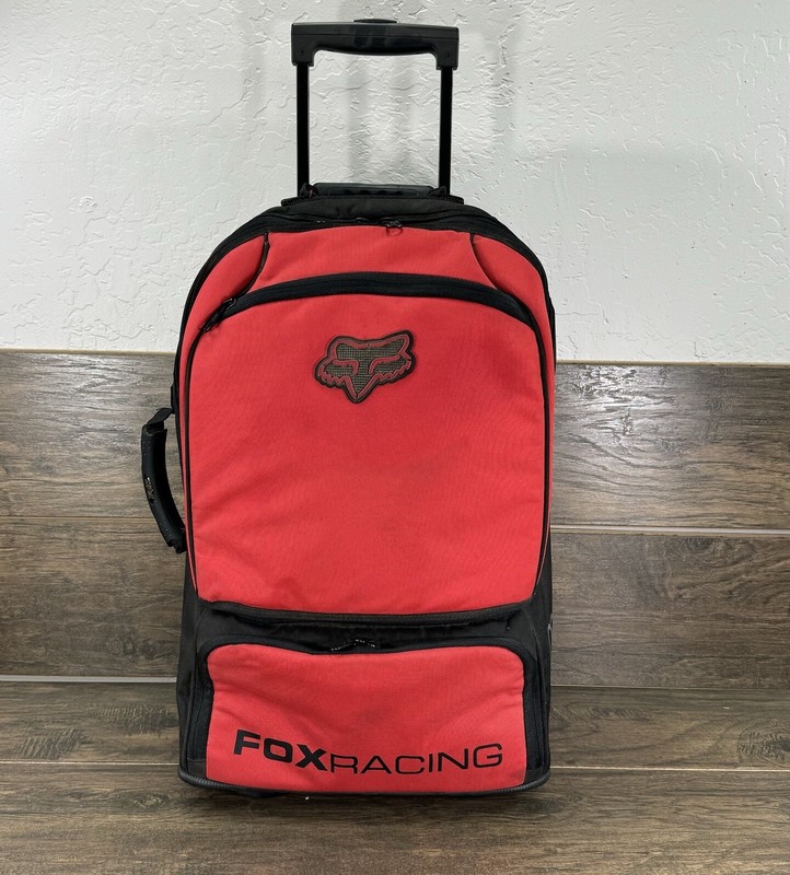 Fox Racing Suitcase Red/Black Canvas Rolling Wheeled Travel Luggage-READ